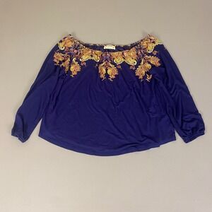 Ruff Hewn Paisley Blouse Off Shoulder Top Size Large Blue Long Sleeve Bohemian